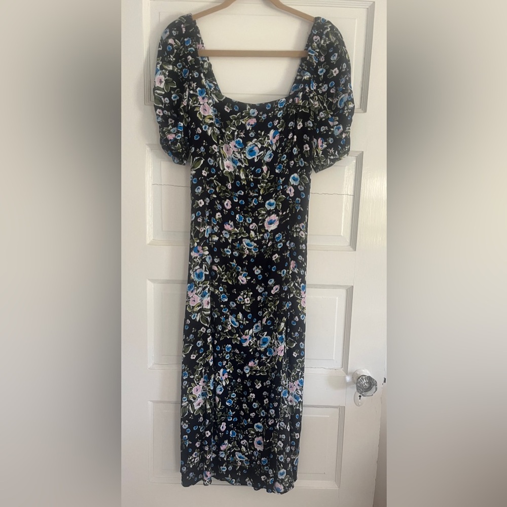 Zara Black/Blue Floral Maxi Dress Ruched Feminine sz Small